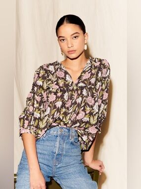 SAYLOR Floral Block Print Puff Sleeves Tie Neck Top Size Medium